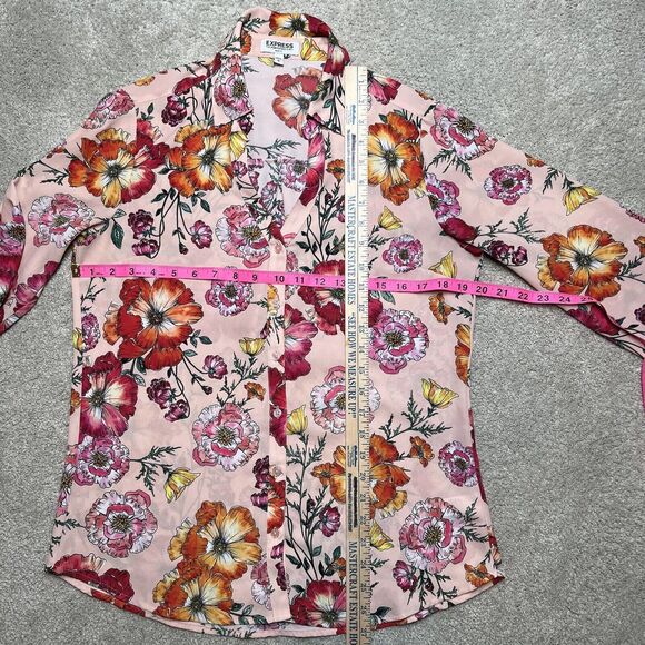 Express Floral Portofino Blouse MEDIUM Slim Fit Long Sleeve V Neck Red Pink Top - Picture 6 of 8